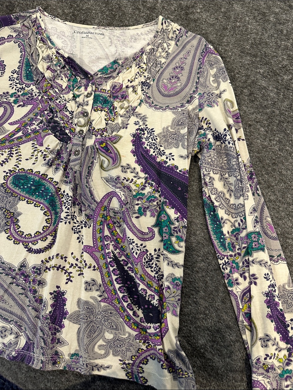 croft & barrow White Paisley Henley Tee with Purple & Teal Accents